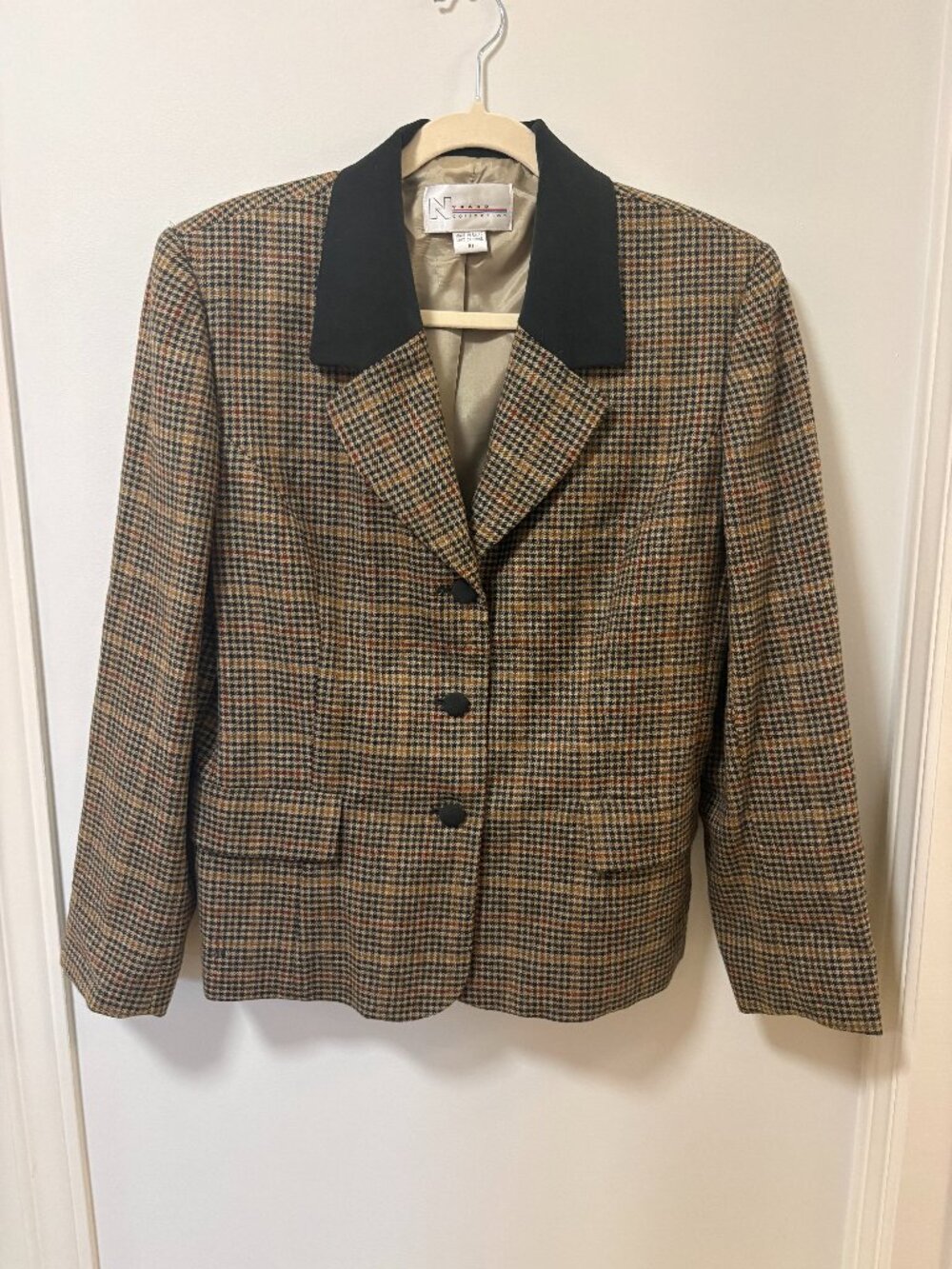 Vintage Blazer Jacket Wool Plaid Corduroy Collar Riding Equestrian Chore Coat